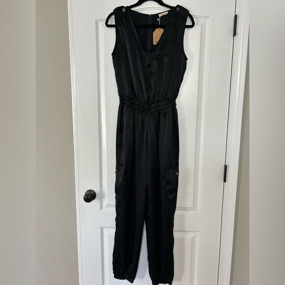 Kori Women’s New Black Satin Sleeveless Jumpsuit with Silver Snaps  Size Small - Picture 2 of 15